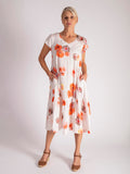 White/Apricot Watercolour Floral Print Cotton Midi Dress