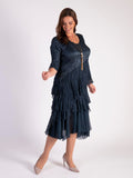 Navy Satin And Chiffon Crush Pleated Layer Dress With 3/4 Sleeve