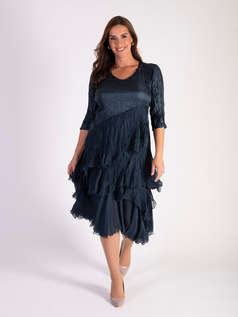 Navy Satin And Chiffon Crush Pleated Layer Dress With 3/4 Sleeve | Chesca