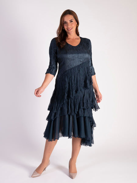 Navy Satin And Chiffon Crush Pleated Layer Dress With 3/4 Sleeve
