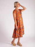 Burnt Orange/Multi Exotic Paisley Print Crinkle Cotton Midi Dress