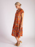 Burnt Orange/Multi Exotic Paisley Print Crinkle Cotton Midi Dress