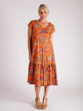 Burnt Orange/Multi Exotic Paisley Print Crinkle Cotton Midi Dress
