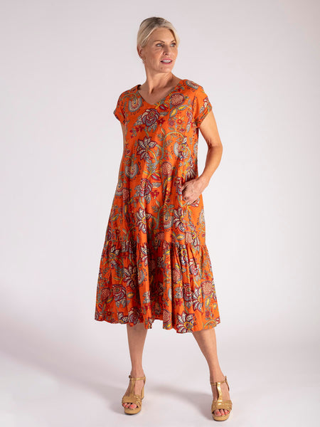 Burnt Orange/Multi Exotic Paisley Print Crinkle Cotton Midi Dress