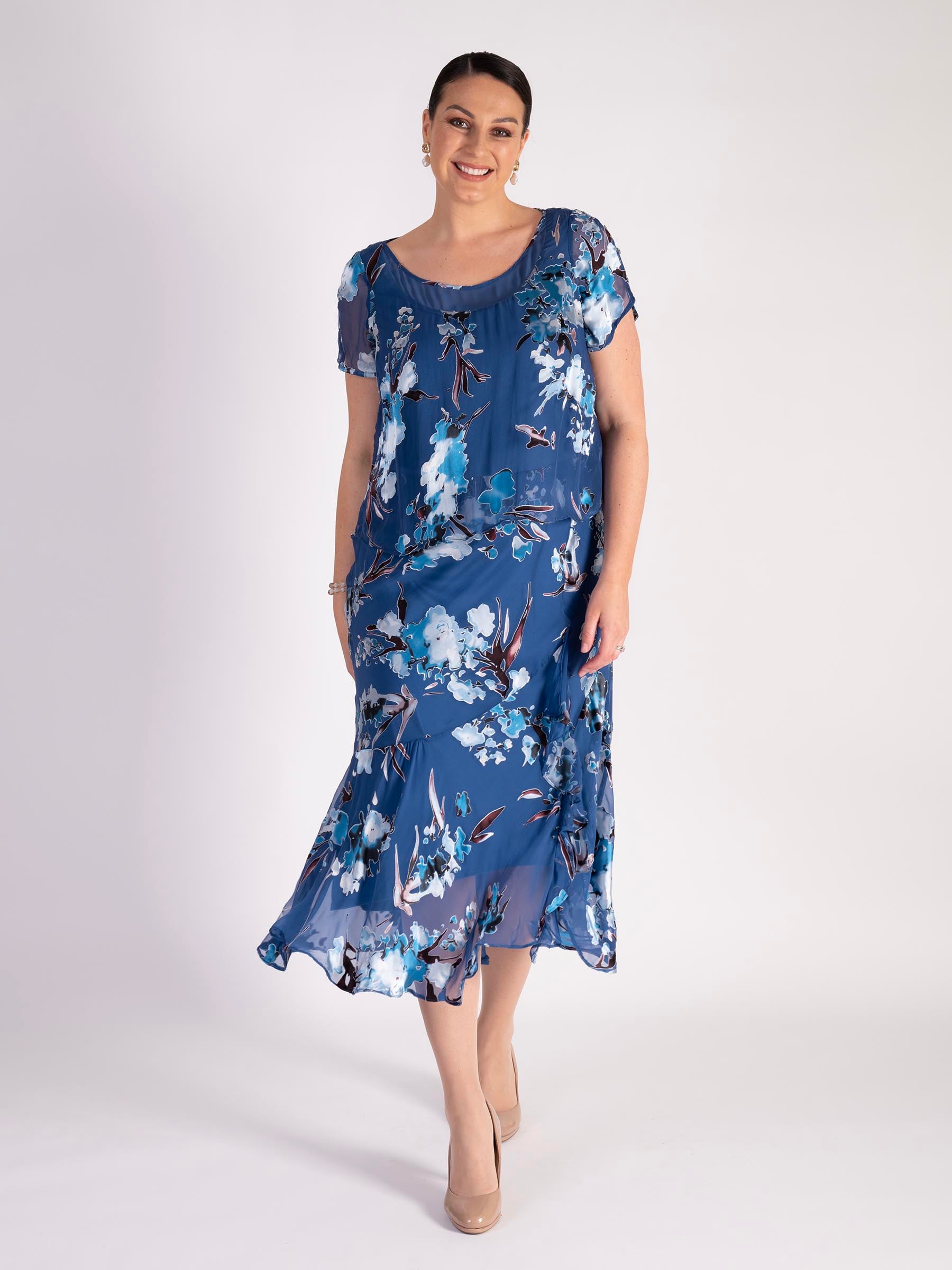 Azure Floral Print Layered Silk Devore Dress Chesca Direct