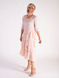 Champagne Satin And Chiffon Crush Pleated Layer Dress With 3/4 Sleeve