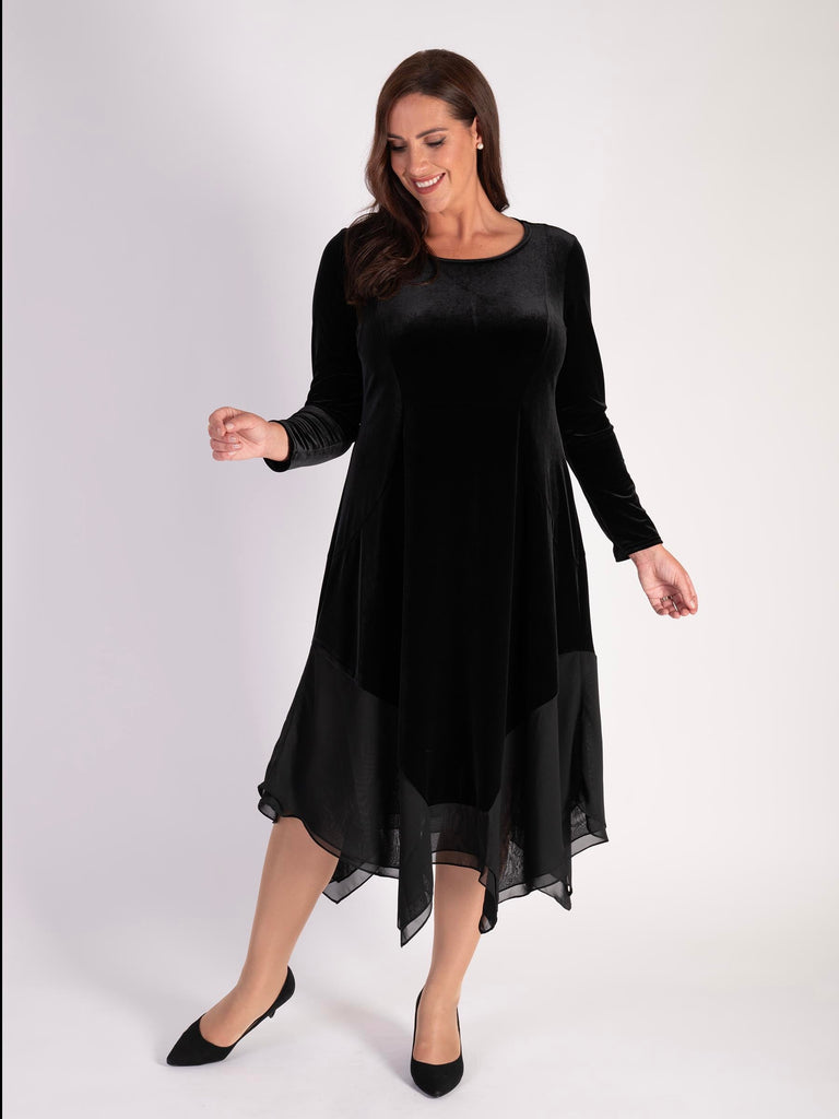 Black Stretch Velvet Drape Dress with Chiffon Trim | Chesca