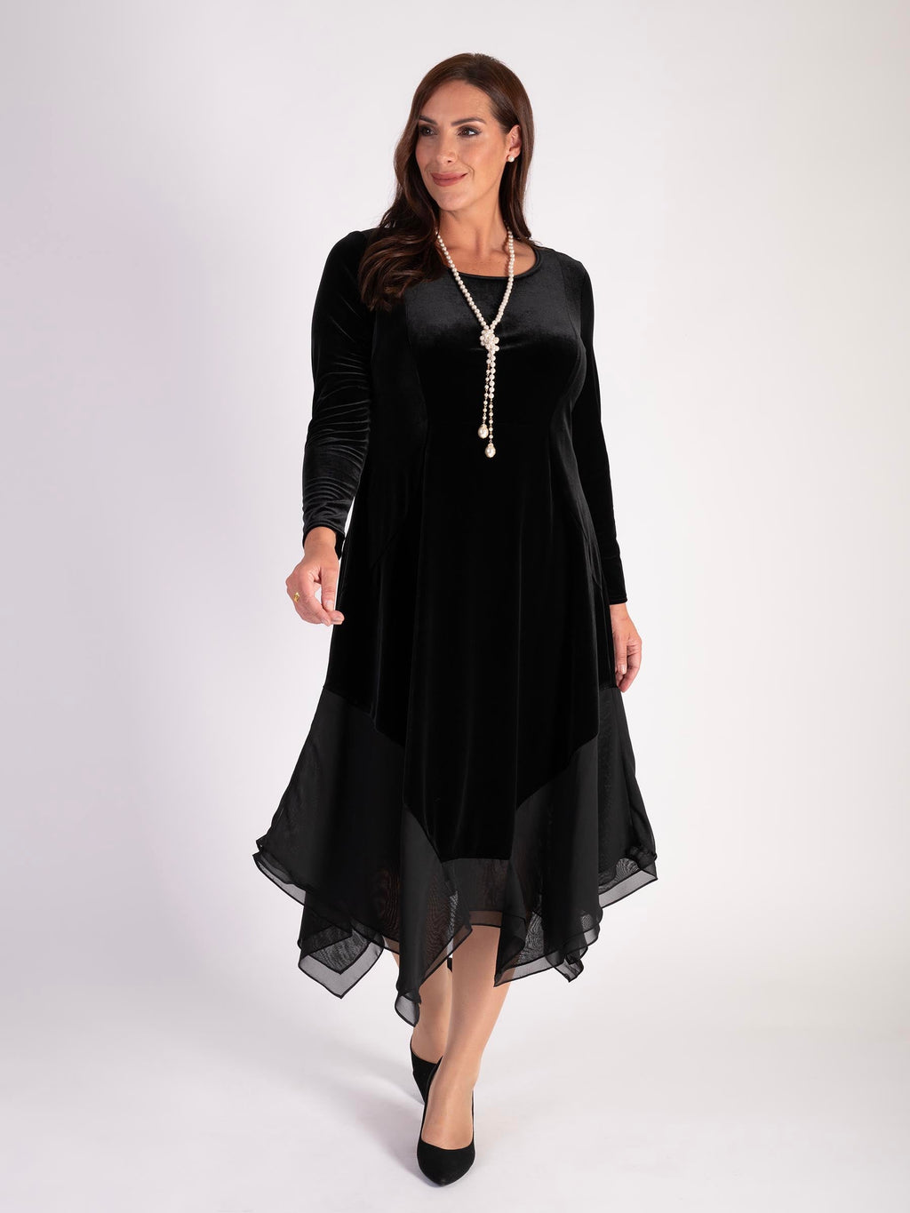 Stretch Velvet Drape Dress Chiffon Trim