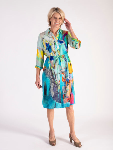Aqua/Multi Abstract Chic Shirt Dress