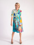 Aqua/Multi Abstract Paint Flower Garden Shirt Dress