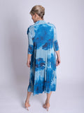 Cobalt/Grey Splash Print Pleated Dress With Chiffon Flower Detail