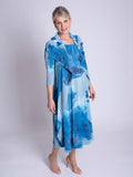 Cobalt/Grey Splash Print Pleated Dress With Chiffon Flower Detail