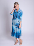 Cobalt/Grey Splash Print Pleated Dress With Chiffon Flower Detail