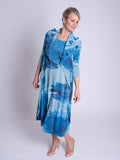 Cobalt/Grey Splash Print Pleated Dress With Chiffon Flower Detail