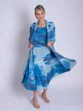 Cobalt/Grey Splash Print Pleated Dress With Chiffon Flower Detail