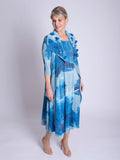 Cobalt/Grey Splash Print Pleated Dress With Chiffon Flower Detail