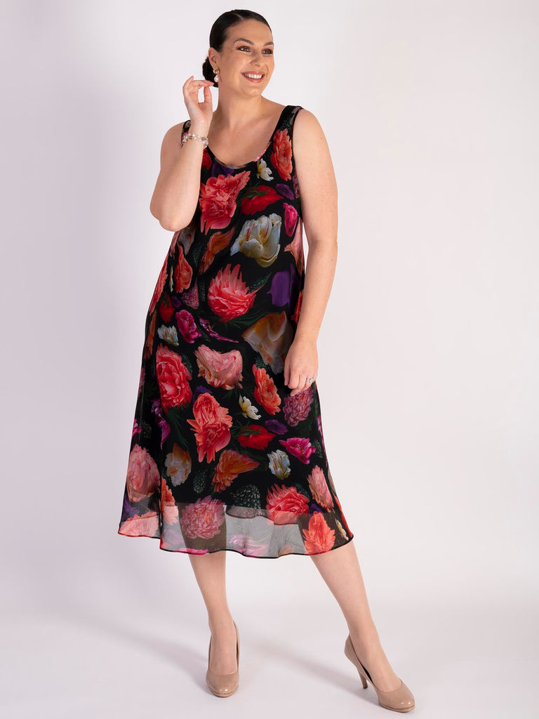 Black/Multi Rose Bouquet Print Bias Cut Chiffon Dress | Chesca