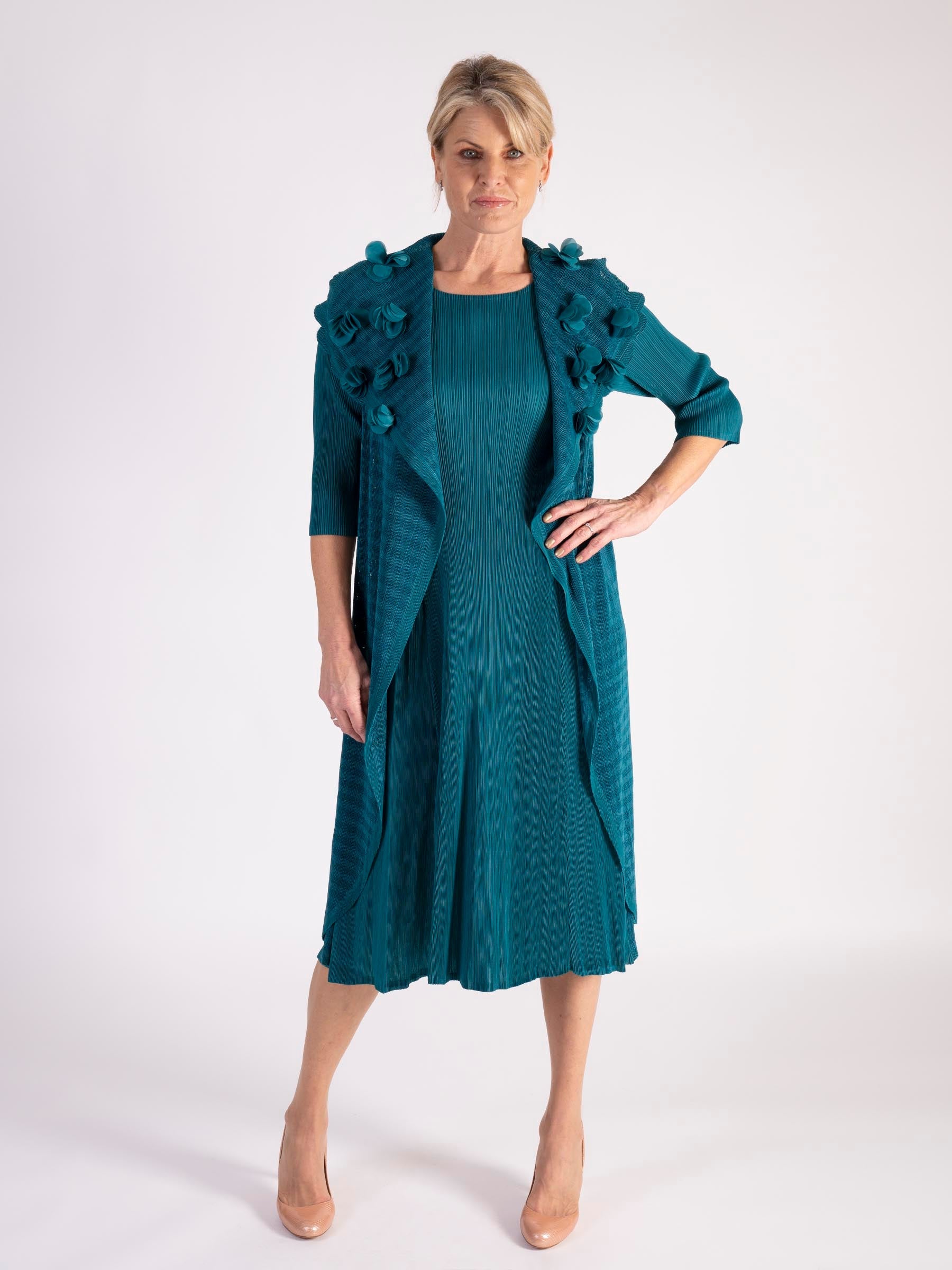 Jade Pleated Dress With Chiffon Flower Details Chesca Direct