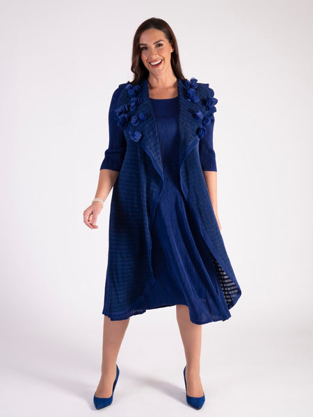 Royal Blue Pleated Dress With Chiffon Flower Details