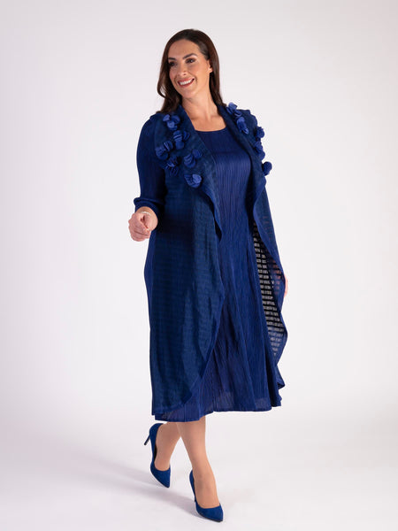 Chiffon Tea-length Pleated Dress with Floral Waist Detail Royal Blue