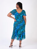 Cobalt/Emerald Royal Garden Split Sleeve Silk Dress with Chiffon V Neckline