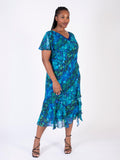 Cobalt/Emerald Royal Garden Split Sleeve Silk Dress with Chiffon V Neckline
