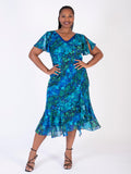 Cobalt/Emerald Royal Garden Split Sleeve Silk Dress with Chiffon V Neckline