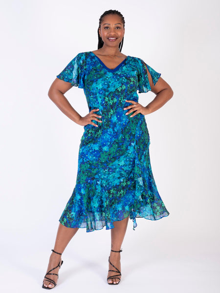 Cobalt/Emerald Royal Garden Split Sleeve Silk Dress with Chiffon V Neckline