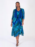 Cobalt/Emerald Royal Garden Split Sleeve Silk Dress with Chiffon V Neckline