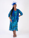 Cobalt/Emerald Royal Garden Split Sleeve Silk Dress with Chiffon V Neckline