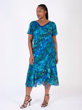 Cobalt/Emerald Royal Garden Split Sleeve Silk Dress with Chiffon V Neckline