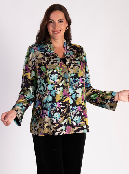 Glamorous Black/Multi Garden Flower Jacket with Gold Stud Fastenings