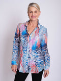 Blue/Multi Graphic Print Semi-Sheer Shirt with Front and Back Pintuck Detail