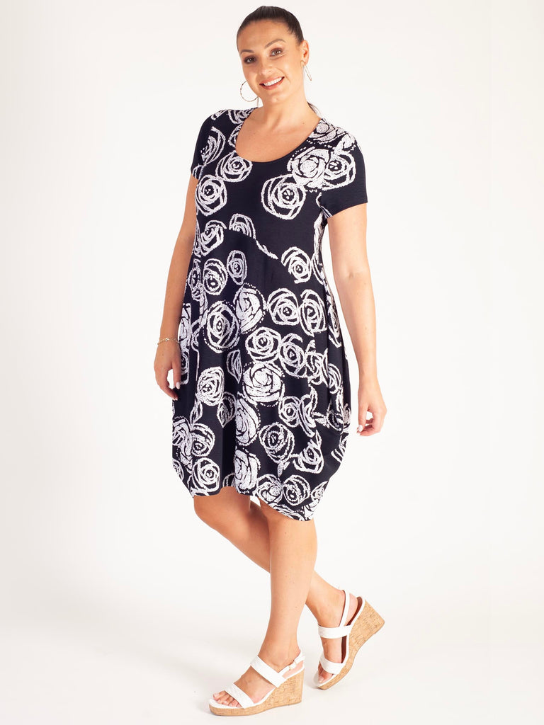 Navy/White Rose Print Short Sleeve Bubble Dress | Chesca Direct