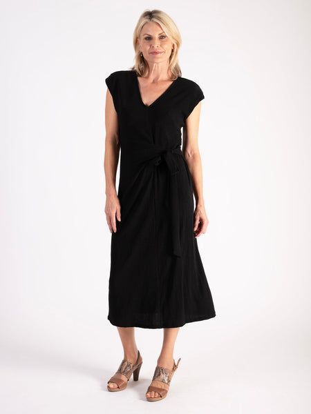 Black Textured Jersey Short Sleeve Dress with Tie Front