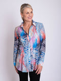 Blue/Multi Graphic Print Semi-Sheer Shirt with Front and Back Pintuck Detail