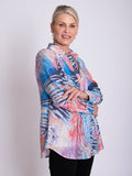 Blue/Multi Graphic Print Semi-Sheer Shirt with Front and Back Pintuck Detail