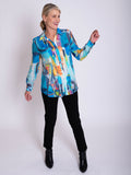 Ocean Blue/Multi Abstract Print Semi-Sheer Shirt with Front and Back Pintuck Detail