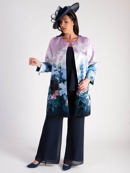 Lilac/Blue Floral Border Print Edge to Edge Contrast Lined Duchess Satin Coat
