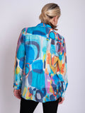 Ocean Blue/Multi Abstract Print Semi-Sheer Shirt with Front and Back Pintuck Detail