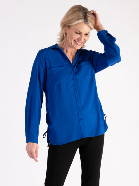 Cobalt Crepe Shirt With Side String Detail