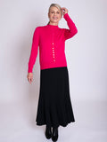 Hot Pink Button Detail Funnel Neck Fine Knit Sweater