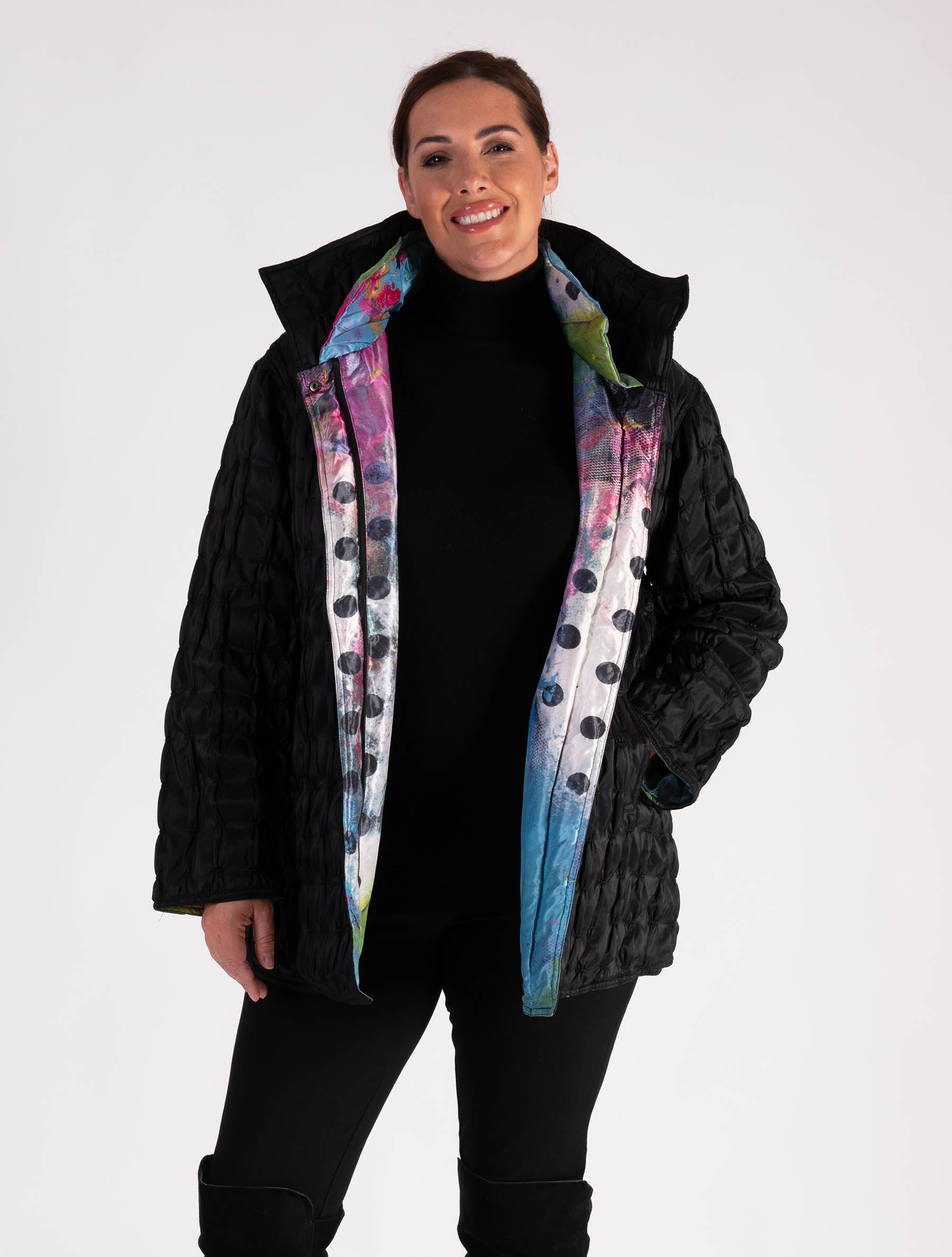 Black/Abstract Spot Print Zip Front Quilted Reversible Jacket | Chesca ...