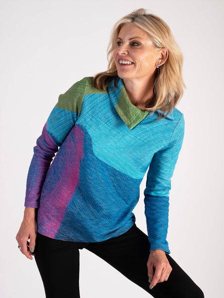 Sky/Green Abstract Swirl Print Cowl Neck Top