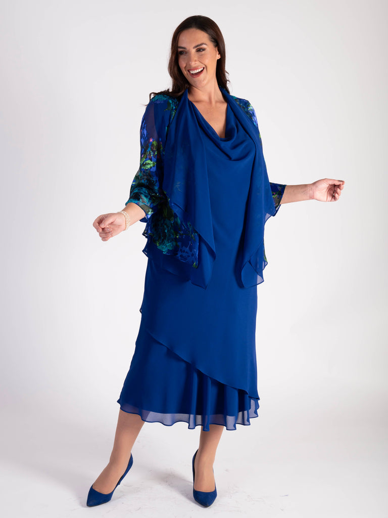 Cobalt Double Layer Chiffon Cowl Neck Dress with Angel Sleeves Chesca Direct