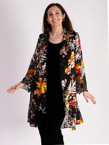 A Black/Multi Hand Painted Satin Devoree Jacket with Split Cuff Detail - LIMITED EDITION