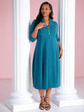 Teal Notch Neck Zip Front Crepe Jersey Balloon Dress