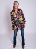 Black/Red Amber Symphony Jacquard Semi-Sheer Blouse With Back Pleated Detail