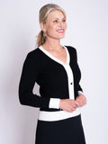 Black/Ivory Ribbed V Sweater with Brooch Details