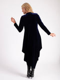 Navy Stretch Velvet Drape Dress With Button Placket- LIMITED EDITION